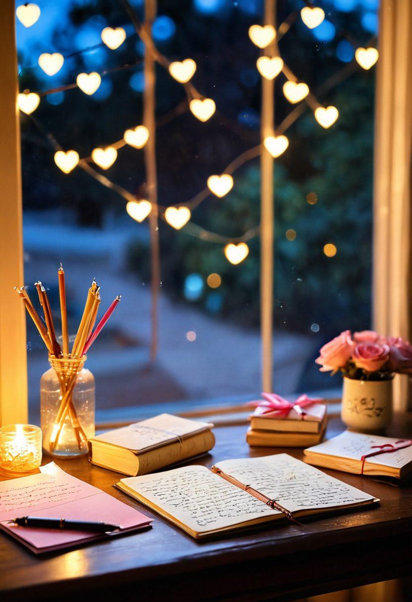 A whimsical desk scene featuring vintage stationery, an open notebook filled with handwritten love letters, delicate heart-shaped decorations scattered around, a fountain pen with ink flowing, and soft glowing fairy lights illuminating the ambiance. The background should include a blurred view of a cozy room with a window showing a sunset. romantic, soft focus, warm colors.