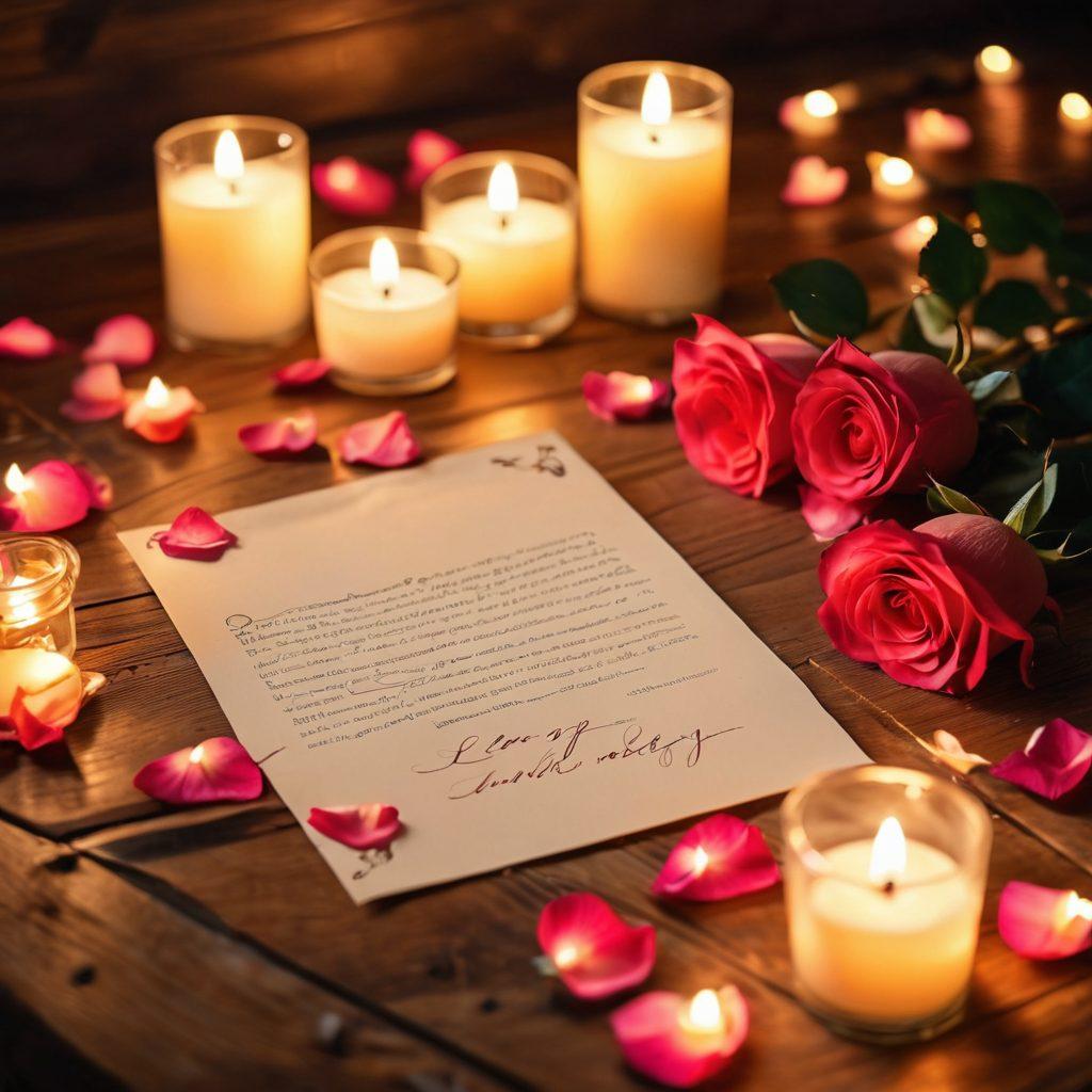 A beautifully handwritten love letter elegantly placed on a wooden table, surrounded by soft glowing candlelight. Delicate rose petals scatter around, creating an atmosphere of intimacy and warmth. In the background, subtle hints of a cozy setting with fairy lights twinkling softly. Emphasize a passionate and romantic vibe. soft focus. warm colors. candlelight ambiance.