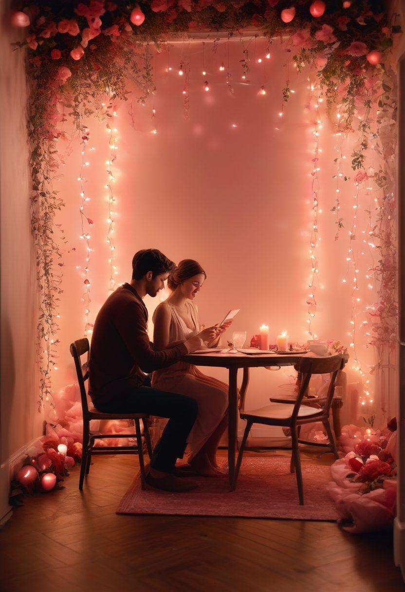 A cozy, intimate setting featuring two people sitting across from each other at a candlelit table, exchanging heartfelt love letters. Soft pink and red hues fill the scene, with warm lighting that casts gentle shadows. A background filled with twinkling fairy lights and subtle floral decorations enhances the romantic atmosphere. Include hand-written notes and delicate heart motifs floating around them. painting. warm colors. soft focus.